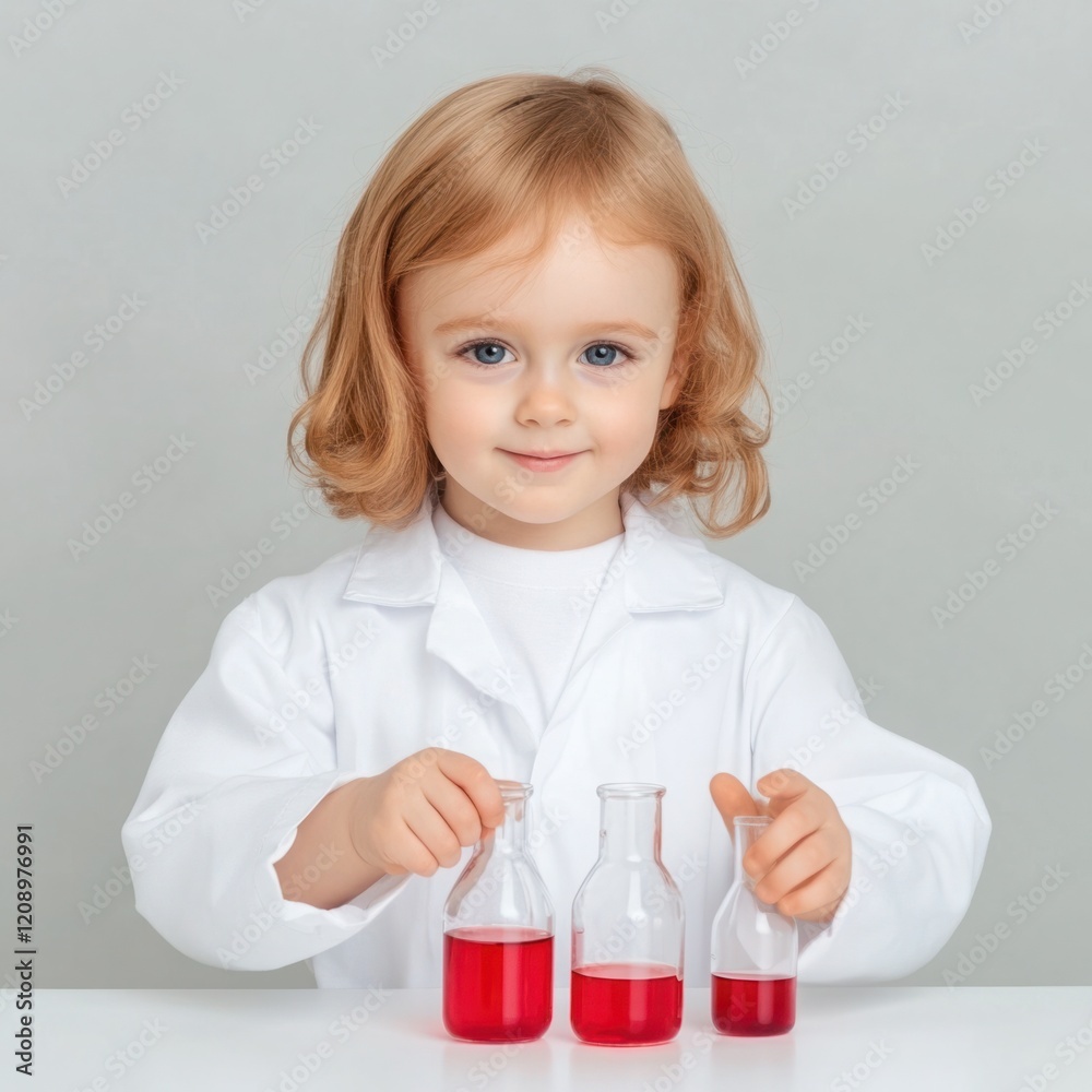 Young Child in White Lab Coat Conducting Simple Experiments with Colorful Liquid in Glass Laboratory Flasks, Demonstrating Curiosity and Imagination in Science Play Young Child in White Lab Coat Conducting Simple Experiments with Colorful Liquid in Glass Laboratory Flasks, Demonstrating Curiosity and Imagination in Science Play