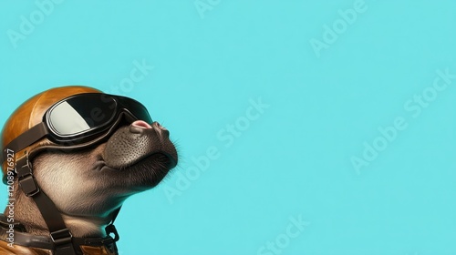 Adorable animal wearing vintage pilot helmet and goggles against a bright turquoise background, perfect for aviation-themed projects and playful visuals photo