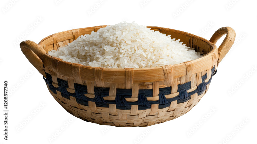 A woven basket filled with fresh, uncooked white rice showcasing its texture and quality. transparent background A woven basket filled with fresh, uncooked white rice showcasing its texture and quality. transparent background
