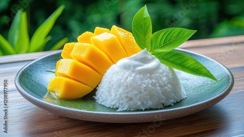 Close up of mango sticky rice khao niew mamuang beautifully plated with coconut cream drizzled over ripe mango slices, 3D render