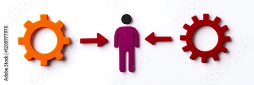 Image depicts a person between two gears, symbolizing interaction or process flow in a system.