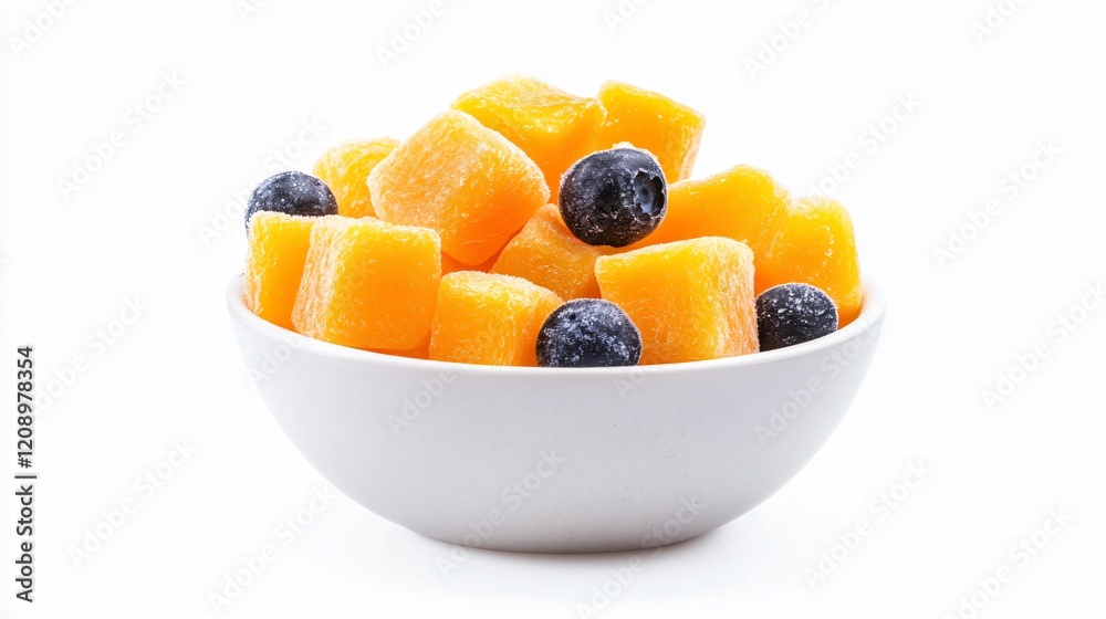 Cantaloupe and Blueberry Bowl: A close-up of a white bowl filled with diced cantaloupe and fresh blueberries, ready for a refreshing summer snack. Cantaloupe and Blueberry Bowl: A close-up of a white bowl filled with diced cantaloupe and fresh blueberries, ready for a refreshing summer snack.