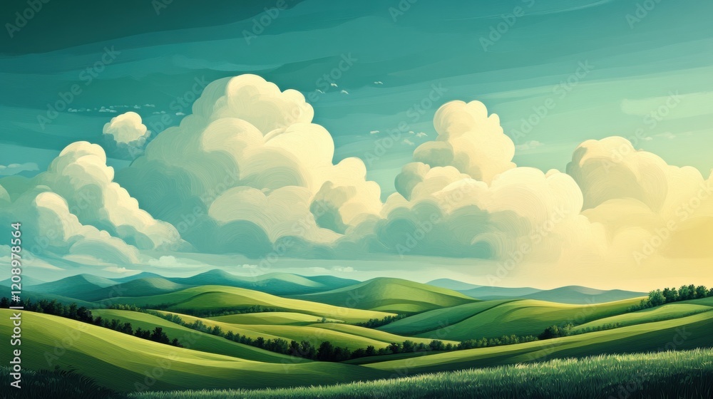 Obraz premium Serene Rolling Hills Landscape with Fluffy White Clouds and Lush Green Meadows under a Summer Sky