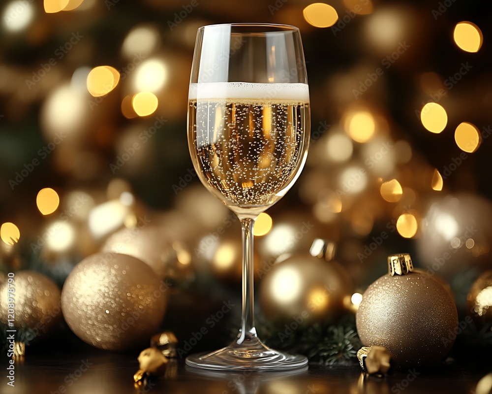 Champagne glass with golden ornaments and bokeh lights. Champagne glass with golden ornaments and bokeh lights.