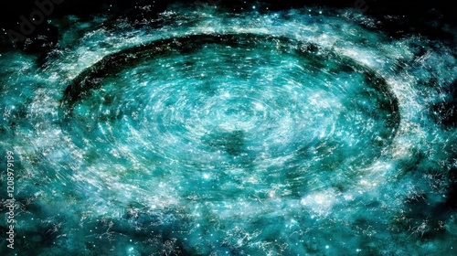 Abstract swirling turquoise water, like a galaxy or nebula.  Circular ripples and stars in dark background. photo