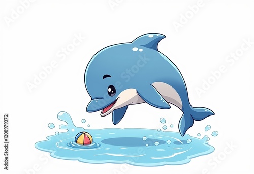 Cute Dolphin Playing: Cartoon, Blue, Ball, Vector Illustration, White Background, Detailed Character Design, High Resolution, Soft Shadows, Cinematic Lighting, Hyperrealistic.

 photo