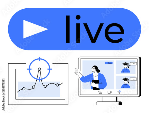 Live button, data graph with target marker, teacher giving online lecture, students in video call. Ideal for online education, webinars, analytics, remote work, virtual meetings webinars abstract