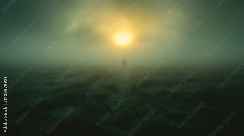 Obraz premium Solitary Figure Walking Through Foggy Field
