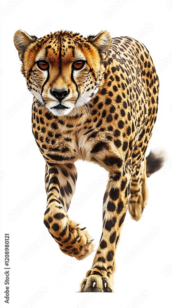 Naklejka premium Cheetah mid sprint muscles rippling as it runs on an invisible track on a white background