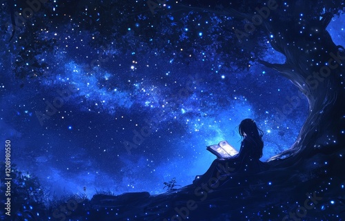 Girl reading a book under a starry night sky, sitting beneath a large tree.