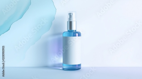 Blue perfume bottle with liquid on a white background, mockup template photo