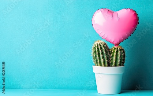 Pink heart balloon rests atop a potted cactus plant