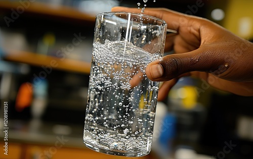 A hand holds a glass of sparkling water bubbles photo