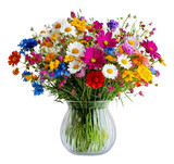 Colorful bouquet of wildflowers in a glass vase isolated on transparent background