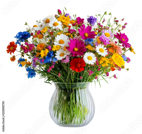 Colorful bouquet of wildflowers in a glass vase isolated on transparent background