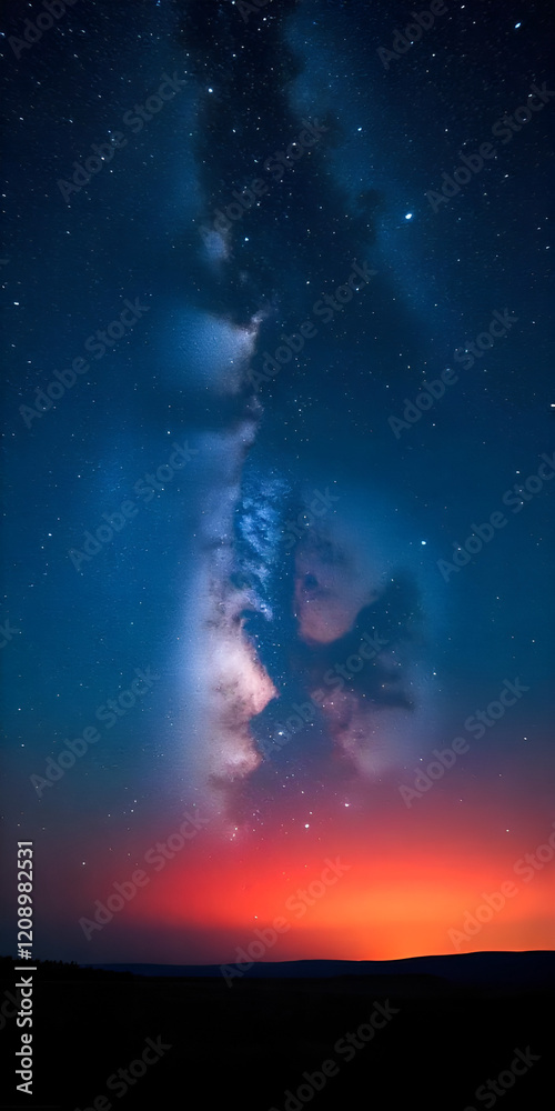 Fototapeta premium A night sky filled with stars and a vibrant Milky Way stretching across the center. The horizon glows with a gradient of orange and red, contrasting against the dark blue and black of the sky. Silhoue
