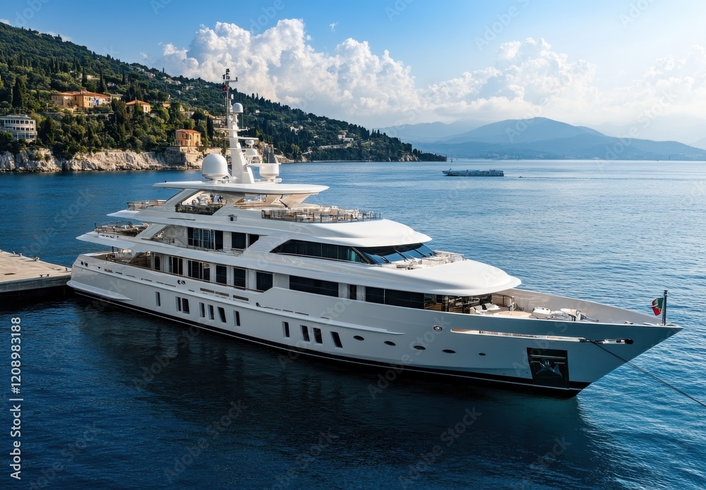 Elegant white luxury yacht anchored in serene blue waters, surrounded by picturesque coastal views, reflecting the beauty of nature and maritime lifestyle in a stunning setting. Elegant white luxury yacht anchored in serene blue waters, surrounded by picturesque coastal views, reflecting the beauty of nature and maritime lifestyle in a stunning setting.