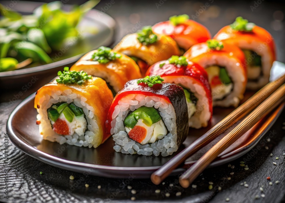 Delicious Sushi Closeup: High-DOF Photography of Fresh Rolls with Chopsticks Delicious Sushi Closeup: High-DOF Photography of Fresh Rolls with Chopsticks