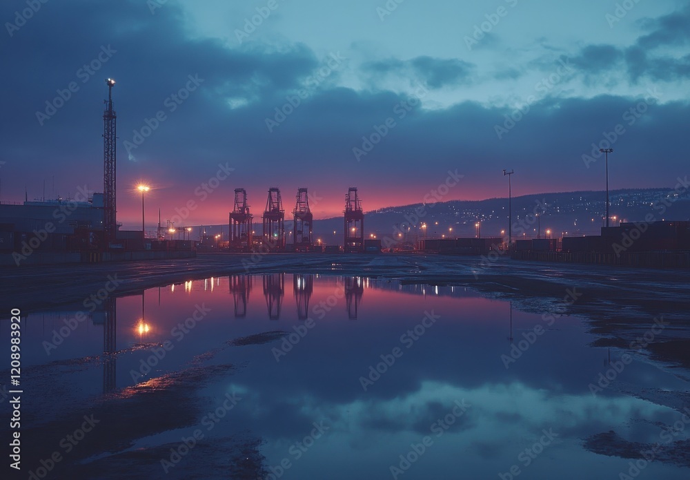 Industrial Landscape at Dusk with Cranes and Reflections in Water Puddles, Capturing the Vibrant Colors of Evening Sky and Surrounding Urban Environment Industrial Landscape at Dusk with Cranes and Reflections in Water Puddles, Capturing the Vibrant Colors of Evening Sky and Surrounding Urban Environment