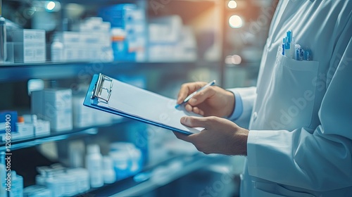 Pharmaceutical factory worker operating production line at pharmacy industry, man use clipboard for control quality. Blue light toning, manufacturing surgery kit box.