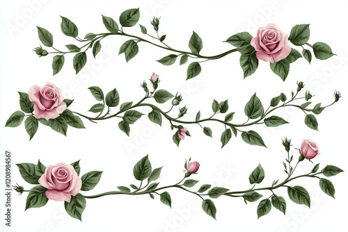 elegant pink rose vine illustration with floral border design and watercolor botanical elements for romantic vintage aesthetics