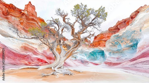 A gnarled old tree stands amidst vibrant, colorful canyon walls in a beautiful watercolor illustration of a desert landscape.