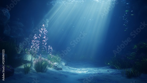 Underwater scene with sunbeams illuminating seabed plants and fish.