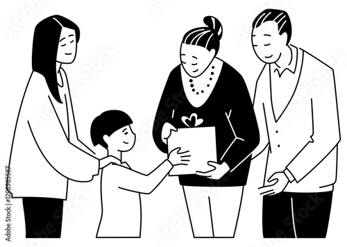 Boy giving a gift to his grandparents