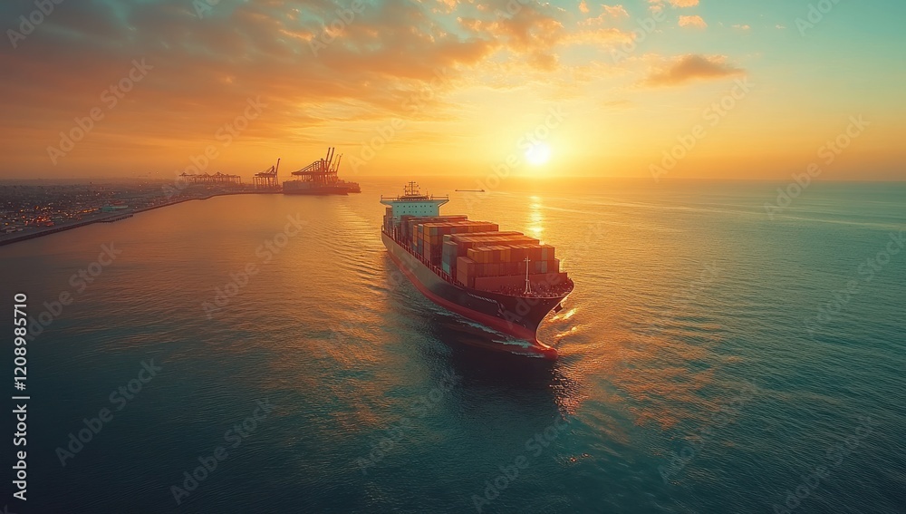 Majestic Container Ship Navigating Calm Waters at Sunset, Surrounded by Industrial Port and Dramatic Sky Reflections during Golden Hour Majestic Container Ship Navigating Calm Waters at Sunset, Surrounded by Industrial Port and Dramatic Sky Reflections during Golden Hour