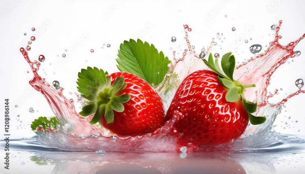 Fresh delicious strawberry splashing with leaves, cut out on white background, high quality picture Fresh delicious strawberry splashing with leaves, cut out on white background, high quality picture