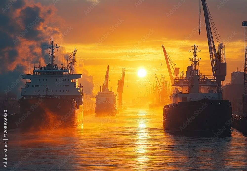 Majestic Sunrise Over a Busy Port with Silhouetted Cargo Ships and Cranes Creating a Stunning Maritime Scene in Golden Light Majestic Sunrise Over a Busy Port with Silhouetted Cargo Ships and Cranes Creating a Stunning Maritime Scene in Golden Light