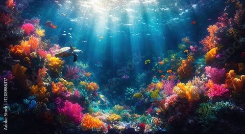Vibrant Underwater Coral Reef Scene with Turtle Shark and Tropical Fish