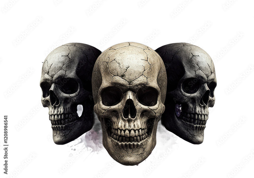 Obraz premium Three detailed skulls with cracked textures and artistic dark splatter background