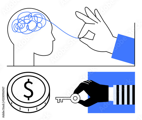 Human head with tangled lines and hand untangling thread, dollar coin, and hand holding key. Ideal for problem-solving, mental clarity, finances, security, strategy, innovation abstract line flat