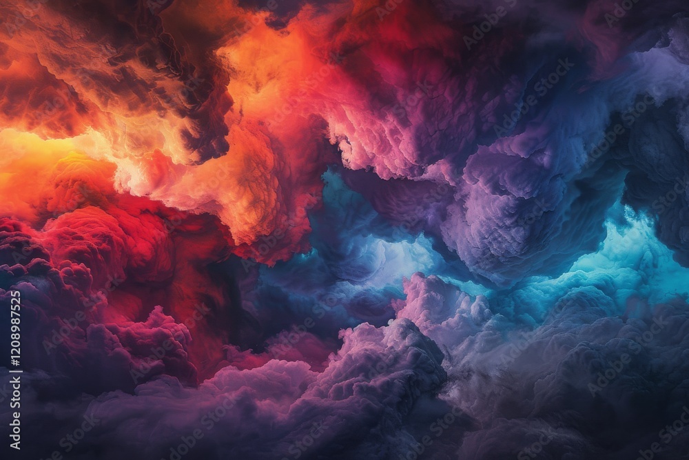 Fototapeta premium Ethereal clouds bursting with chaotic colors create a mesmerizing visual display in the sky at twilight, showcasing vibrant reds, blues, and purples that blend seamlessly