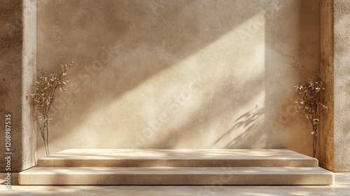 Product podium stage for mockup presentation, beige color, natural texture, background.