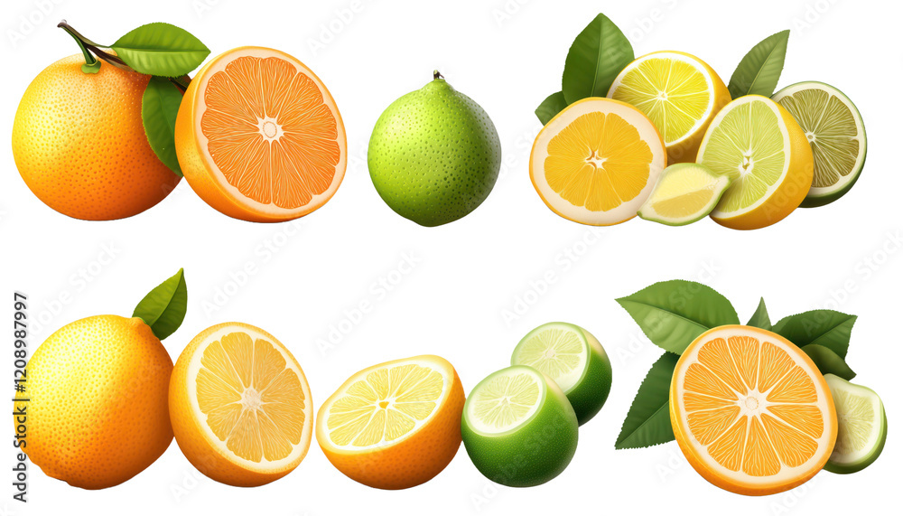 Fototapeta premium citrus mockup with oranges, lemons, and limes, whole, halved, and sliced, multiple angles, transparent background