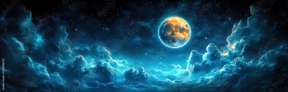 Glowing Moon Surrounded by Swirling Clouds in a Mystical Night Sky Glowing Moon Surrounded by Swirling Clouds in a Mystical Night Sky