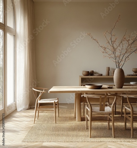 Minimalist Scandinavian Dining Room with Wooden Table and Chairs and Natural Lighting