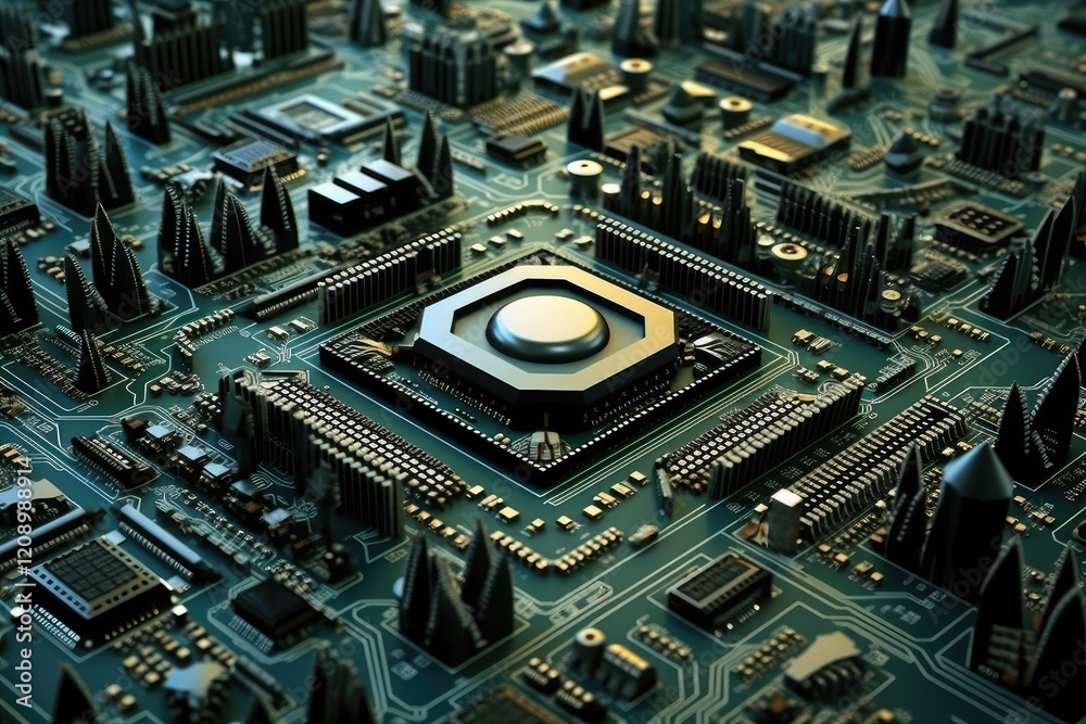 Intricate designs of a computer chip architecture displayed in a close-up view showcasing a complex network of circuits and components with peaks resembling city skyline structures Intricate designs of a computer chip architecture displayed in a close-up view showcasing a complex network of circuits and components with peaks resembling city skyline structures