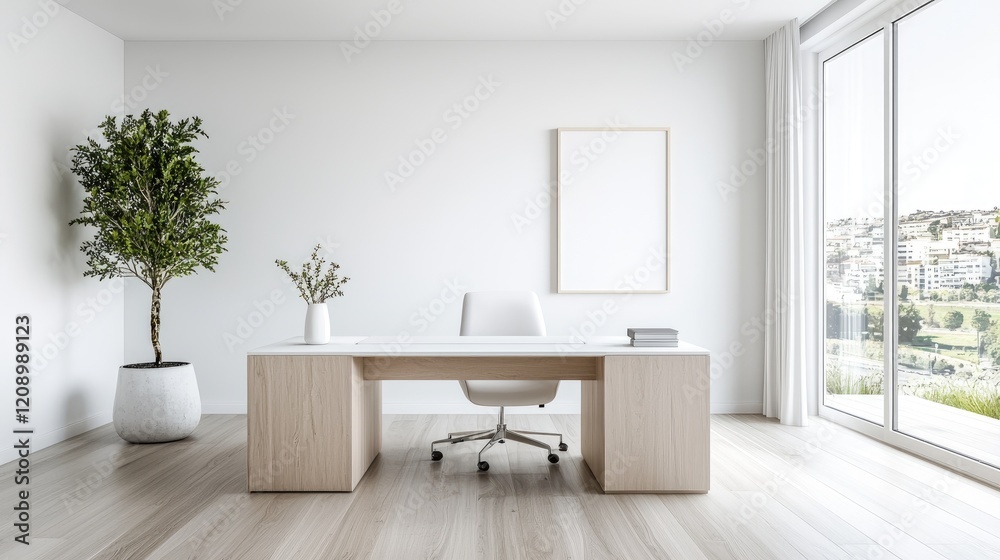 Fototapeta premium Minimalist home office with city view, desk, chair, plant. Ideal for work-from-home concepts