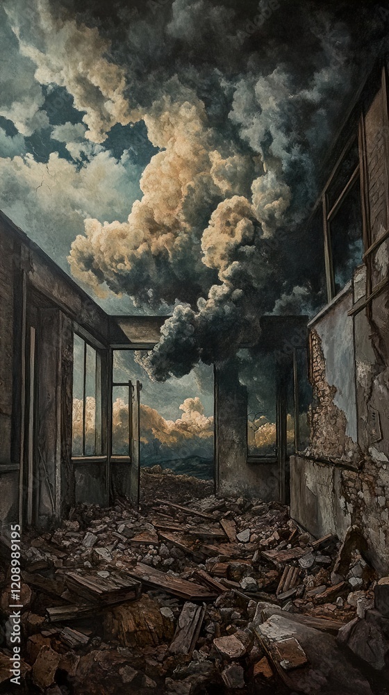 Fototapeta premium Desolate Ruins Under a Dramatic Sky: A Haunting View