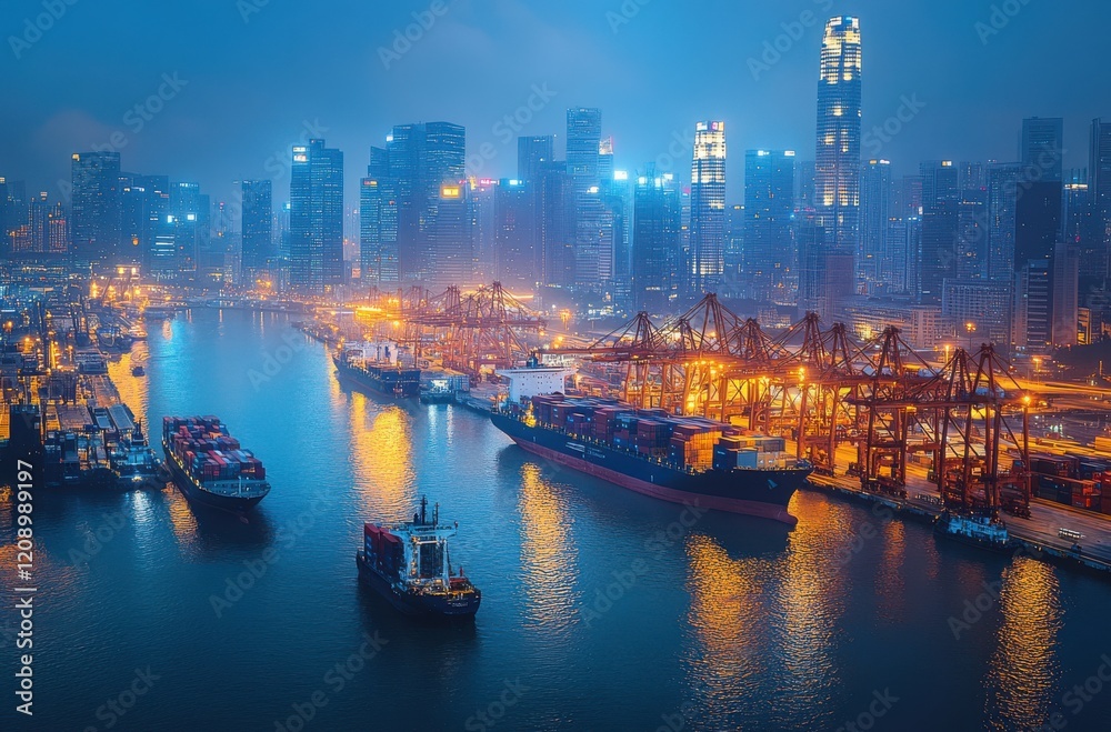Naklejka premium Scenic Night View of a Bustling Port City with Illuminated Skyscrapers and Ships Docked in a Busy Harbor Amidst a Mystical Dawn Glow