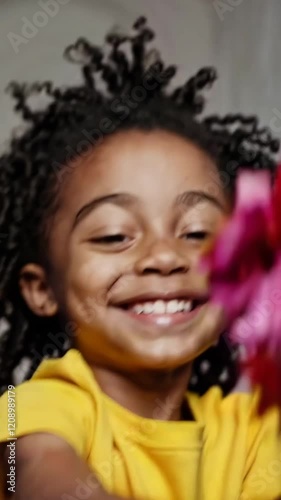 Child Smiling While Holding Colorful Flowers Footage