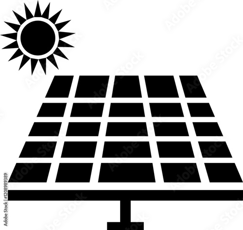 Solar panel with sun icon in black flat style. Eco friendly power industry. Sustainable, renewable and alternative energy symbol vector for graphic and web design isolated on transparent background.