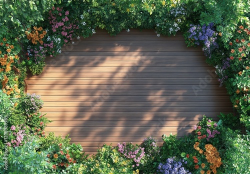 Top view of wooden deck in colorful flower garden with soft sunlight and lush greenery