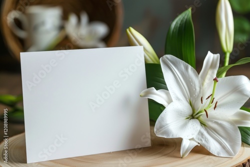Elegant White Lily with Blank Card on Natural Wooden Surface