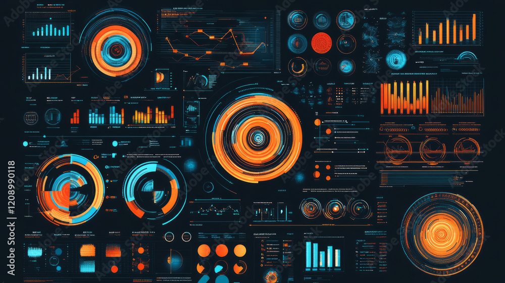 Fototapeta premium explore futuristic hud with sci-fi data visualization in digital dashboard design featuring cyberpunk ui elements and circular data displays with orange and teal interactive technology graphics
