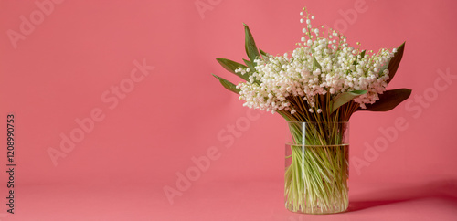 bouquet of lilies of the valley for a greeting card. a bouquet of fresh lilies of the valley in a transparent vase on a pink background with free space for text