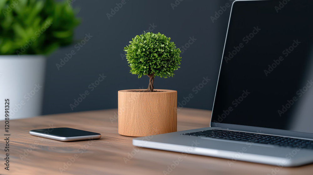 Fototapeta premium modern workspace featuring laptop, smartphone, and decorative plant